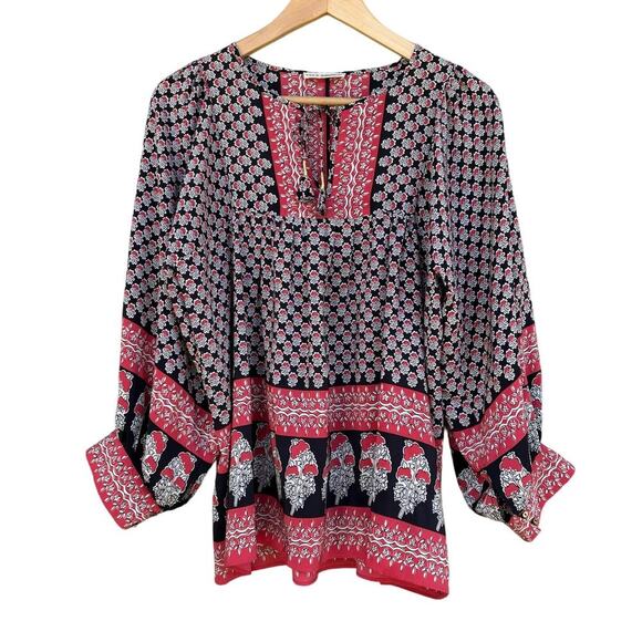 Ulla Johnson Bea Silk Blouse Size 8 Indian Floral Print Tasseled Neck Ties - Picture 6 of 7